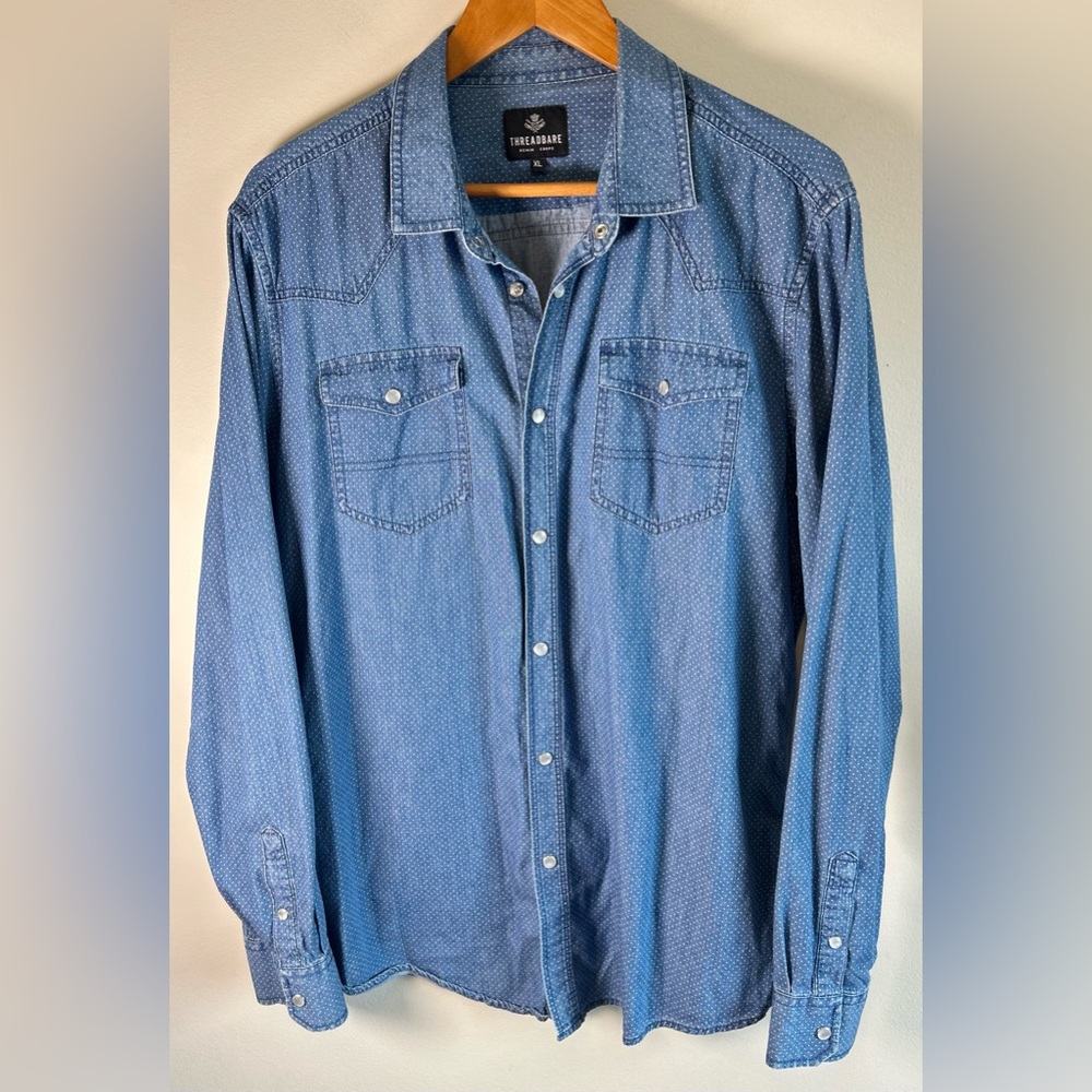 Threadbare Men’s Denim Western Shirt Size XL 100% Cotton Snap Button Polka Dots